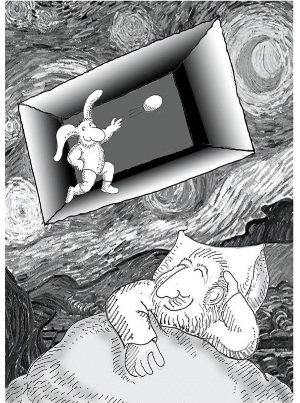 Illustrazione: un uomo sogna un coniglio-extraterrestre che lancia una palla dentro una scatola, su un cielo alla Van Gogh