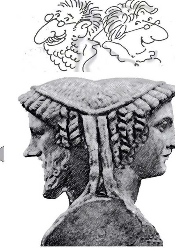 La testa bifronte di Giano e, sopra, i ritratti disegnati di Cristina e Francesco