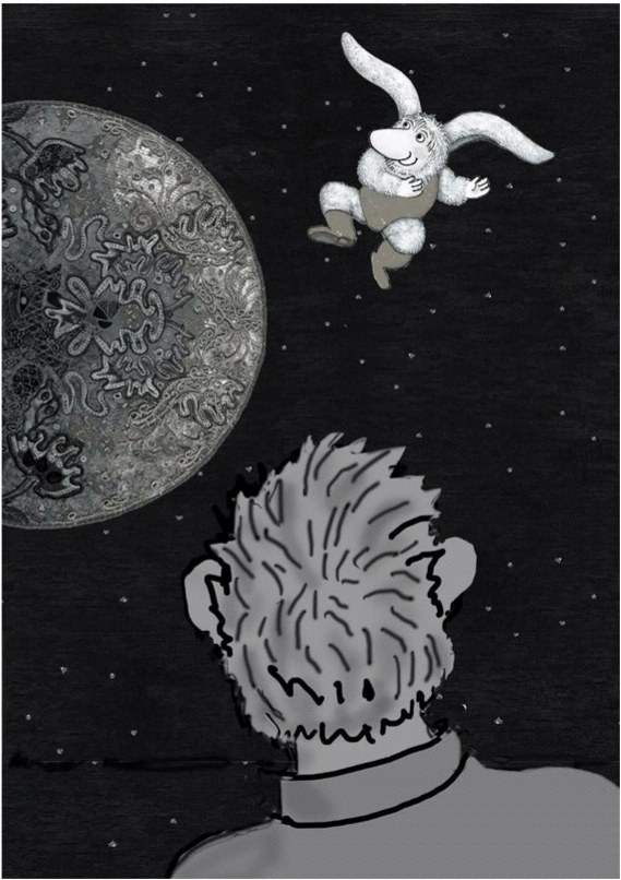 Illustrazione: un uomo osserva la Luna mentre il coniglio-extraterrestre fluttua nello spazio