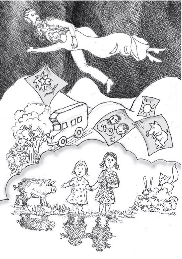 Disegno in bianco e nero: due figure volano abbracciate sopra colline, un furgone e bambini – dal libro Lo Specchio Meraviglioso